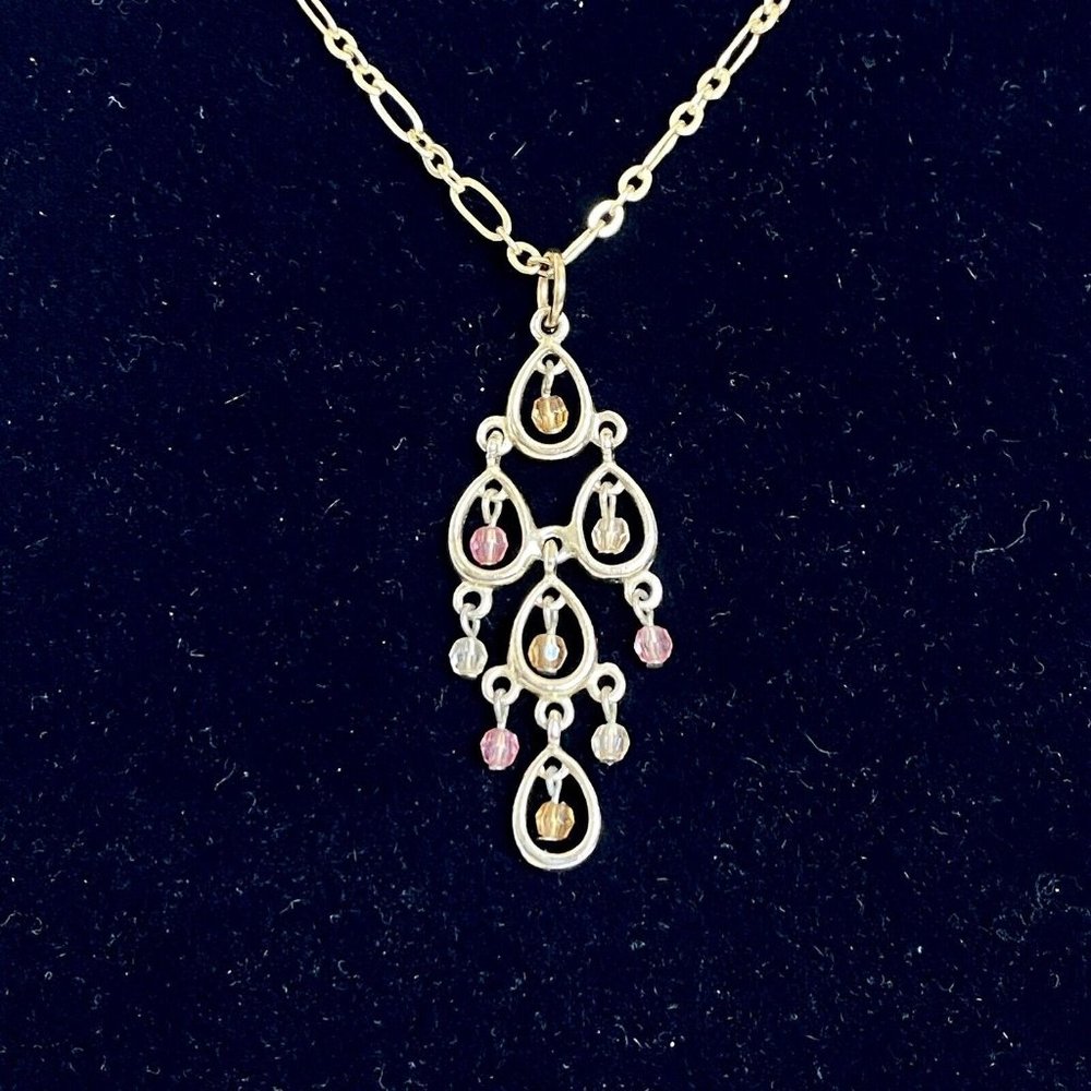 Delicate Chandelier & Peach Topaz Beads Drop Pendant Gold Tone Necklace 17”